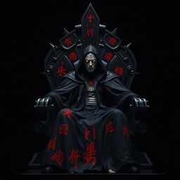 Emperor Palpatine with glowing yellow eyes, seated on a completely black throne adorned with vibrant red Aurebesh script set against a stark black background