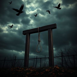 A dramatic and artistic representation of a historical execution scene, focusing on a vintage, moody atmosphere