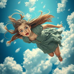 A beautiful girl with striking blue eyes and luscious red lips, her long hair flowing wildly as she falls gracefully from a blue sky filled with fluffy white clouds