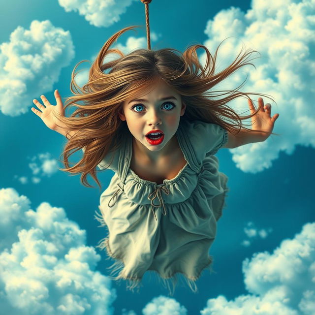 A beautiful girl with striking blue eyes and luscious red lips, her long hair flowing wildly as she falls gracefully from a blue sky filled with fluffy white clouds