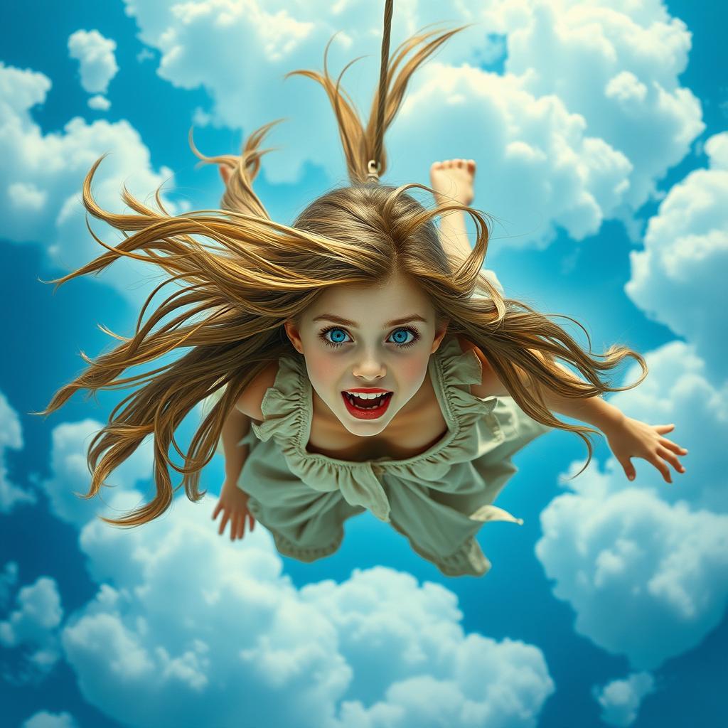 A beautiful girl with striking blue eyes and luscious red lips, her long hair flowing wildly as she falls gracefully from a blue sky filled with fluffy white clouds