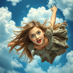 A beautiful girl with striking blue eyes and luscious red lips, her long hair flowing wildly as she falls gracefully from a blue sky filled with fluffy white clouds