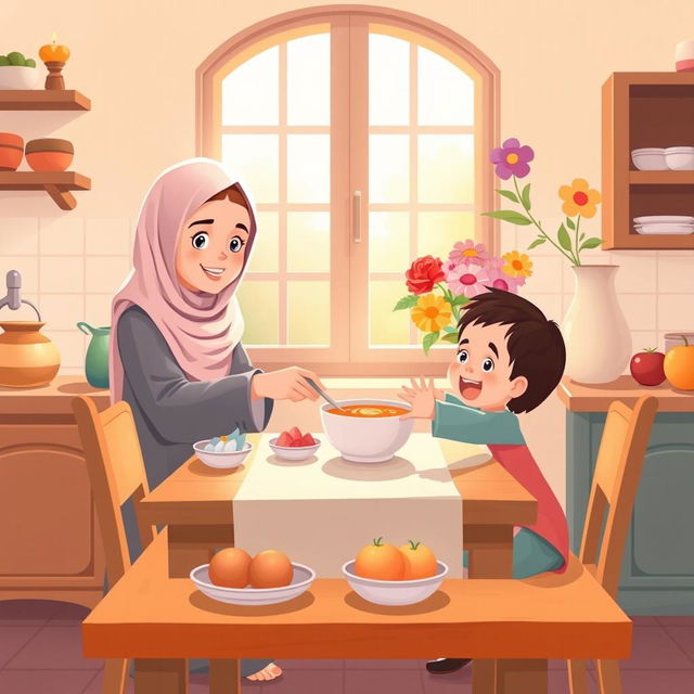 A warm and inviting kitchen scene featuring a Muslim mother wearing a soft, flowing hijab, gently serving a bowl of soup to her excited child sitting at a charming wooden dining table