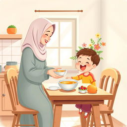 A warm and inviting kitchen scene featuring a Muslim mother wearing a soft, flowing hijab, gently serving a bowl of soup to her excited child sitting at a charming wooden dining table