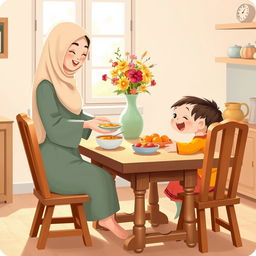 A warm and inviting kitchen scene featuring a Muslim mother wearing a soft, flowing hijab, gently serving a bowl of soup to her excited child sitting at a charming wooden dining table