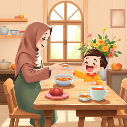 A warm and inviting kitchen scene featuring a Muslim mother wearing a soft, flowing hijab, gently serving a bowl of soup to her excited child sitting at a charming wooden dining table
