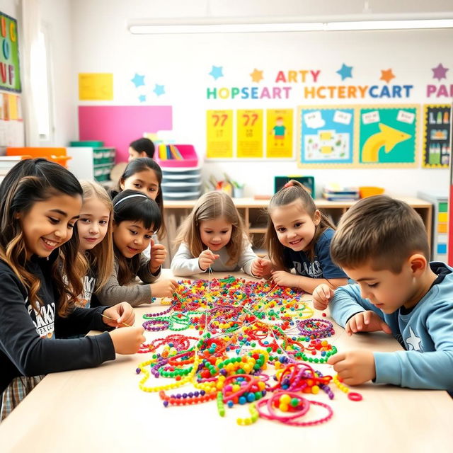 A vibrant scene of elementary school children engaging in a bead-stringing activity