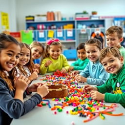 A vibrant scene of elementary school children engaging in a bead-stringing activity