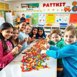 A vibrant scene of elementary school children engaging in a bead-stringing activity