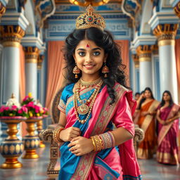 A high-resolution, medium shot framed from the waist up, featuring a very cute and beautiful Indian goddess with a clear, sharp face and striking blue eyes
