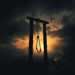 A striking and somber poster depicting an artistic representation of a historical execution scene, focusing on the emotional weight of justice and punishment