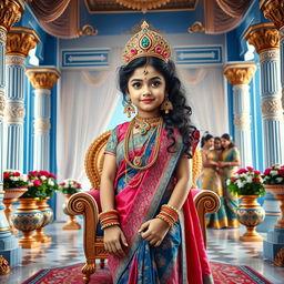 A high-resolution, medium shot framed from the waist up, featuring a very cute and beautiful Indian goddess with a clear, sharp face and striking blue eyes