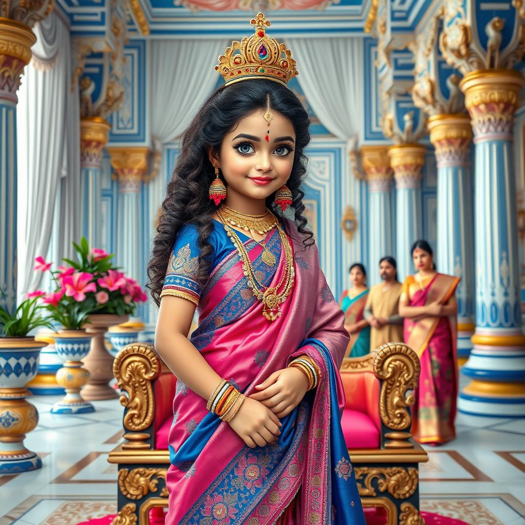 A high-resolution, medium shot framed from the waist up, featuring a very cute and beautiful Indian goddess with a clear, sharp face and striking blue eyes