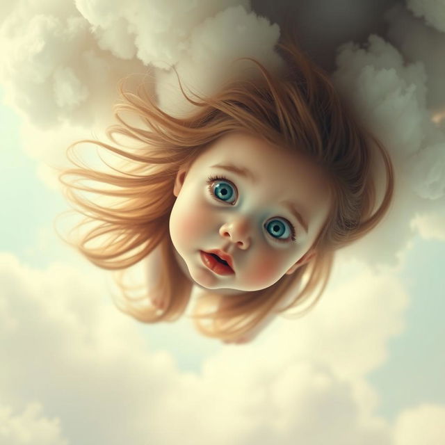 A little girl with big blue eyes and bright red lips falling from a cloudy sky