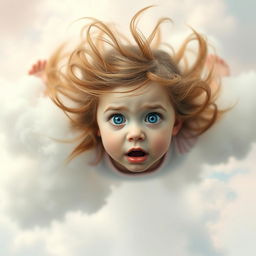 A little girl with big blue eyes and bright red lips falling from a cloudy sky