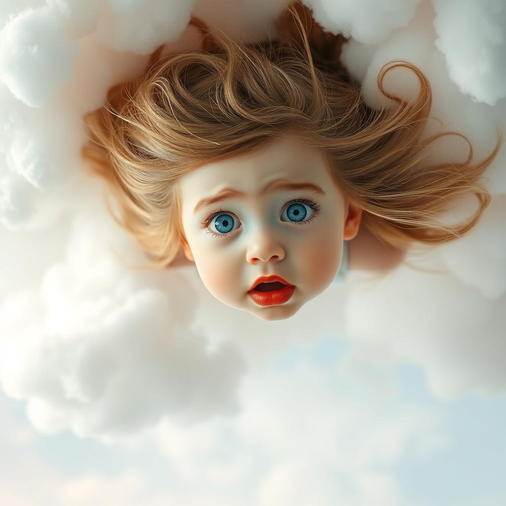 A little girl with big blue eyes and bright red lips falling from a cloudy sky