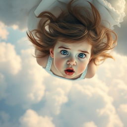 A little girl with big blue eyes and bright red lips falling from a cloudy sky