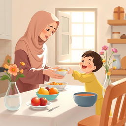 A warm and cozy kitchen scene featuring a Muslim mother wearing a soft hijab, lovingly serving a bowl of soup to her smiling child who is eagerly reaching out at the dining table