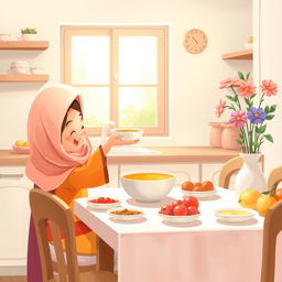 A warm and cozy kitchen scene featuring a Muslim mother wearing a soft hijab, lovingly serving a bowl of soup to her smiling child who is eagerly reaching out at the dining table