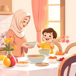 A warm and cozy kitchen scene featuring a Muslim mother wearing a soft hijab, lovingly serving a bowl of soup to her smiling child who is eagerly reaching out at the dining table