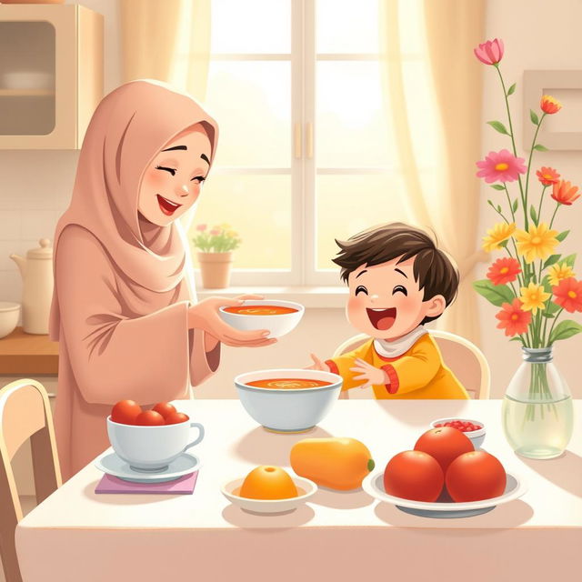 A warm and cozy kitchen scene featuring a Muslim mother wearing a soft hijab, lovingly serving a bowl of soup to her smiling child who is eagerly reaching out at the dining table