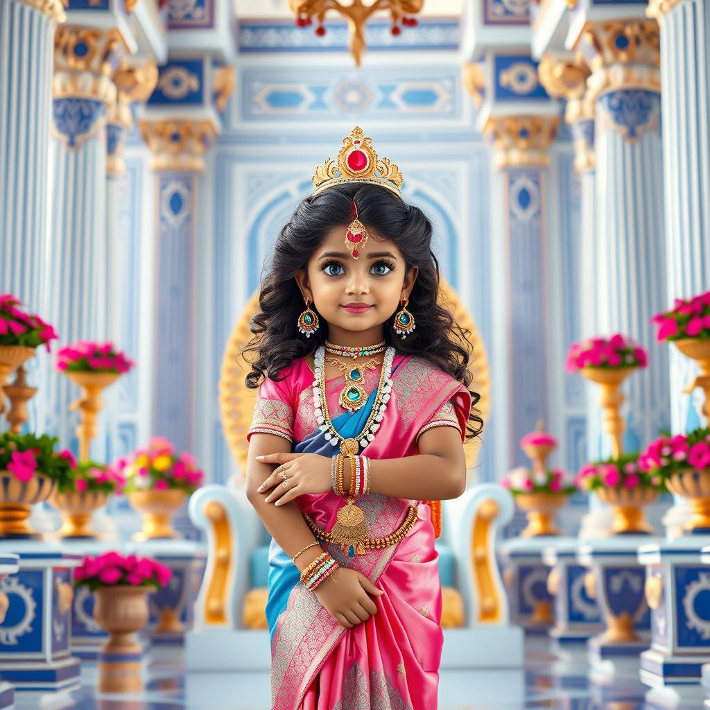 A high-resolution, medium shot framed from the waist up of a very cute and beautiful Indian goddess, showcasing a clear, sharp face with striking blue eyes