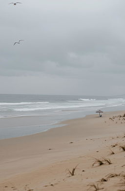 A serene beach scene with gentle rain falling, capturing the tranquil atmosphere of the water meeting the shore