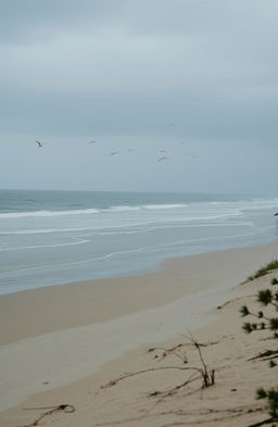 A serene beach scene with gentle rain falling, capturing the tranquil atmosphere of the water meeting the shore