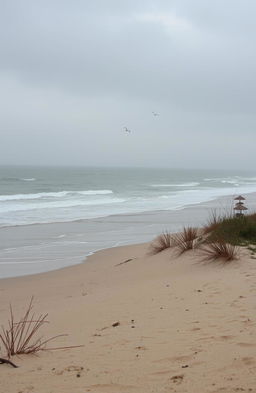 A serene beach scene with gentle rain falling, capturing the tranquil atmosphere of the water meeting the shore