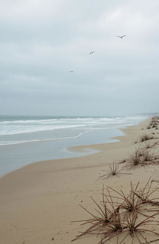 A serene beach scene with gentle rain falling, capturing the tranquil atmosphere of the water meeting the shore