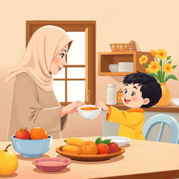 A warm kitchen scene featuring a Muslim mother wearing a soft hijab, serving a bowl of soup to her child who is sitting at the dining table