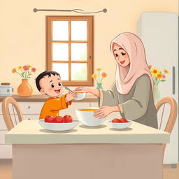 A warm kitchen scene featuring a Muslim mother wearing a soft hijab, serving a bowl of soup to her child who is sitting at the dining table