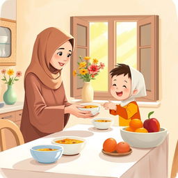 A warm kitchen scene featuring a Muslim mother wearing a soft hijab, serving a bowl of soup to her child who is sitting at the dining table