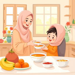 A warm kitchen scene featuring a Muslim mother wearing a soft hijab, serving a bowl of soup to her child who is sitting at the dining table
