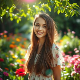 A vibrant portrait of a young woman standing in a lush garden, surrounded by colorful flowers and greenery