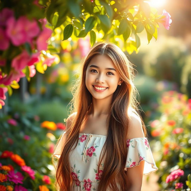 A vibrant portrait of a young woman standing in a lush garden, surrounded by colorful flowers and greenery