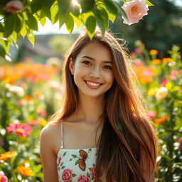 A vibrant portrait of a young woman standing in a lush garden, surrounded by colorful flowers and greenery