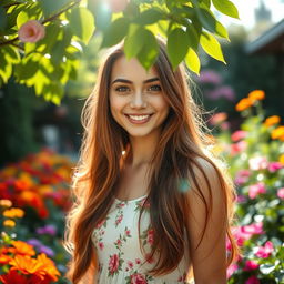 A vibrant portrait of a young woman standing in a lush garden, surrounded by colorful flowers and greenery