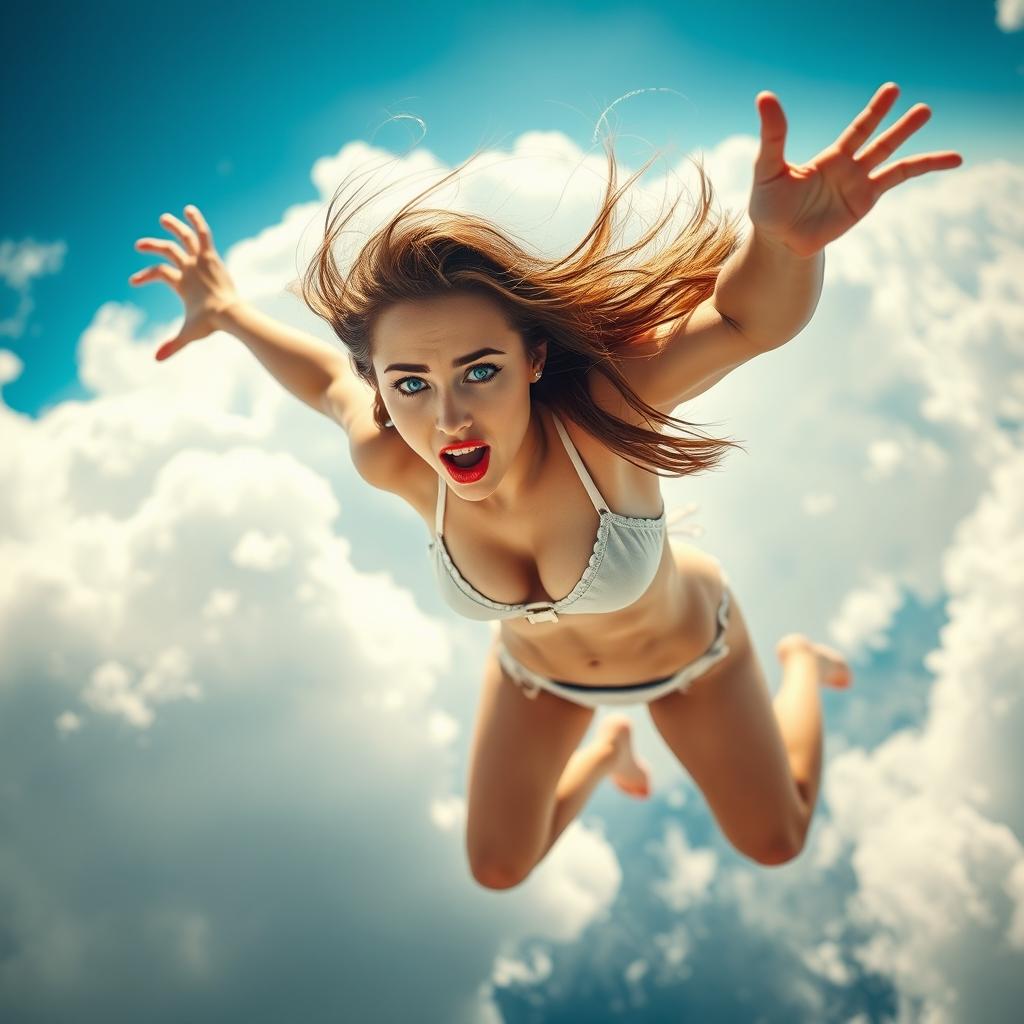 A sexy girl with stunning blue eyes and striking red lips, wearing a tiny bikini, is depicted falling from the sky