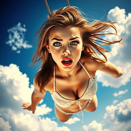 A sexy girl with stunning blue eyes and striking red lips, wearing a tiny bikini, is depicted falling from the sky