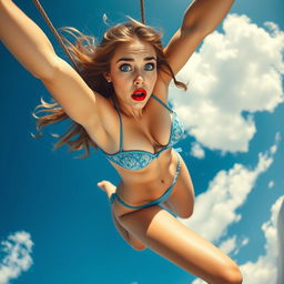 A sexy girl with striking blue eyes and bold red lips, wearing a tiny bikini, is depicted falling gracefully from the sky