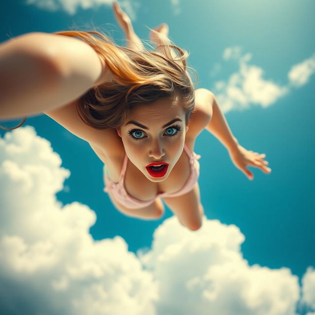 A sexy girl with striking blue eyes and bold red lips, wearing a tiny bikini, is depicted falling gracefully from the sky