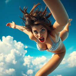 A sexy girl with striking blue eyes and bold red lips, wearing a tiny bikini, is depicted falling gracefully from the sky