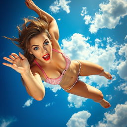 A sexy girl with striking blue eyes and bold red lips, wearing a tiny bikini, is depicted falling gracefully from the sky