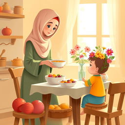 A warm kitchen scene featuring a Muslim mother wearing a soft hijab, serving a bowl of soup to her child sitting at a cozy dining table