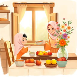 A warm kitchen scene featuring a Muslim mother wearing a soft hijab, serving a bowl of soup to her child sitting at a cozy dining table