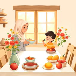 A warm kitchen scene featuring a Muslim mother wearing a soft hijab, serving a bowl of soup to her child sitting at a cozy dining table