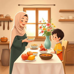 A warm kitchen scene featuring a Muslim mother wearing a soft hijab, serving a bowl of soup to her child sitting at a cozy dining table