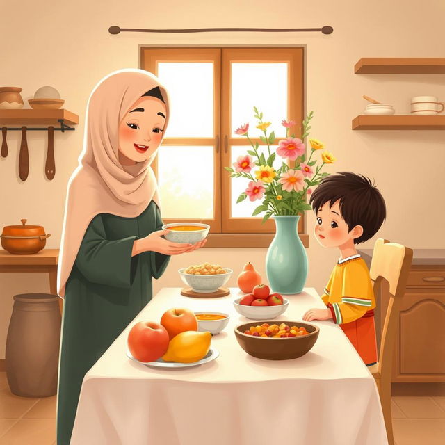 A warm kitchen scene featuring a Muslim mother wearing a soft hijab, serving a bowl of soup to her child sitting at a cozy dining table