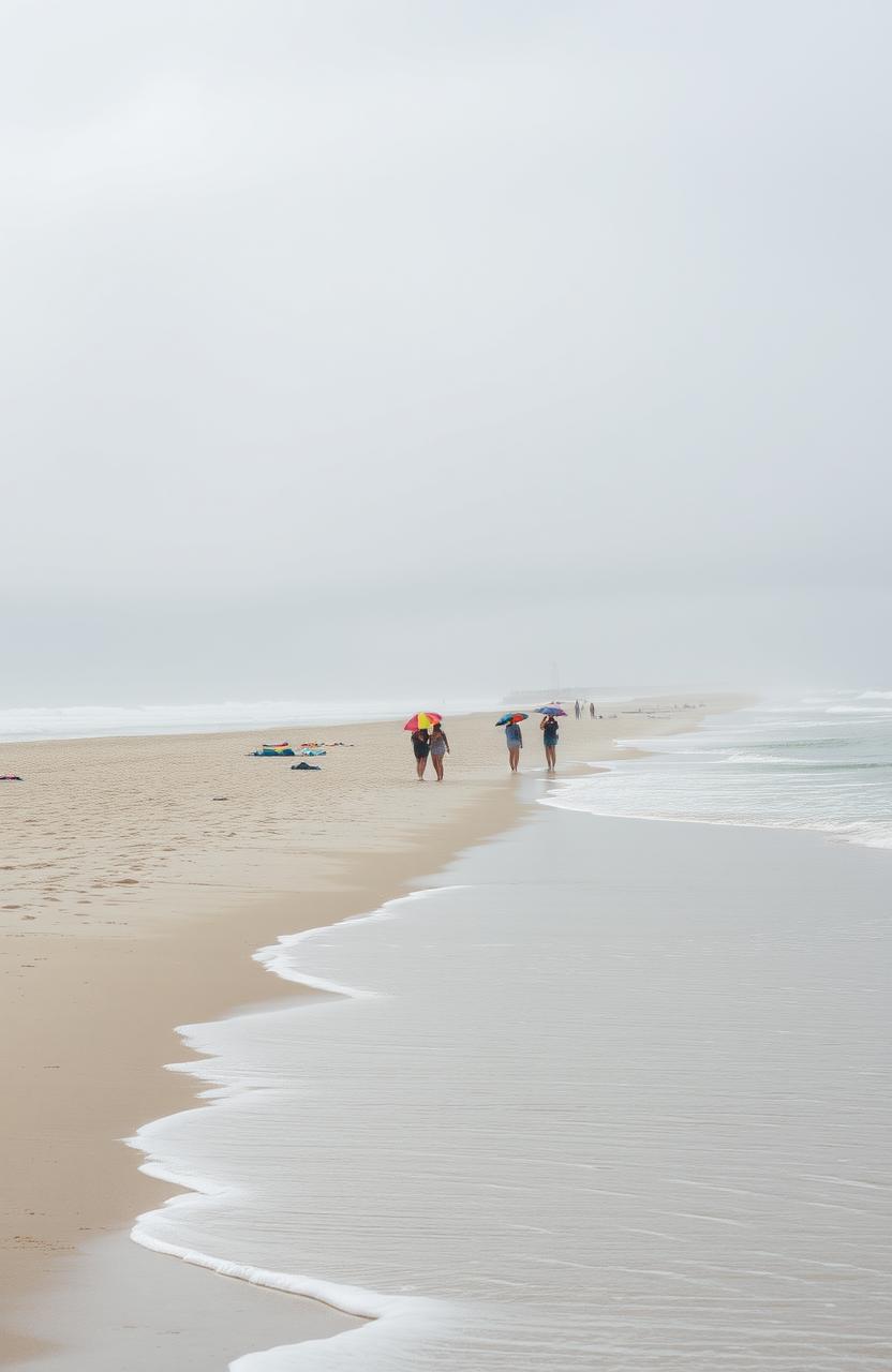 A serene beach scene during a gentle rain